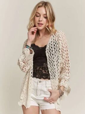 Beige white lace crochet tapestry patchwork floral cardigan tunic top blouse